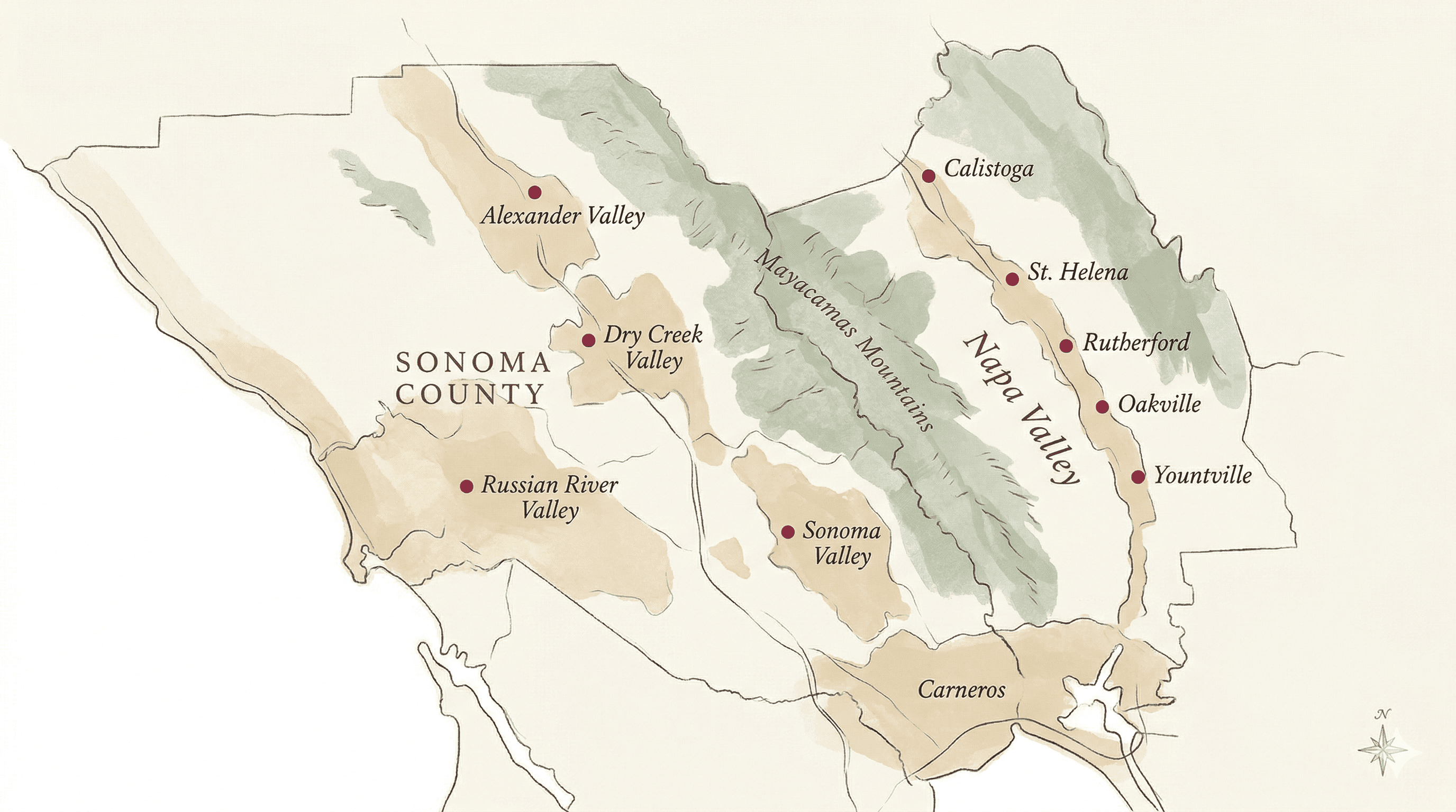 Stylized map of Napa Valley and Sonoma County showing key wine regions including Calistoga, St. Helena, Rutherford, Russian River Valley, and Dry Creek Valley