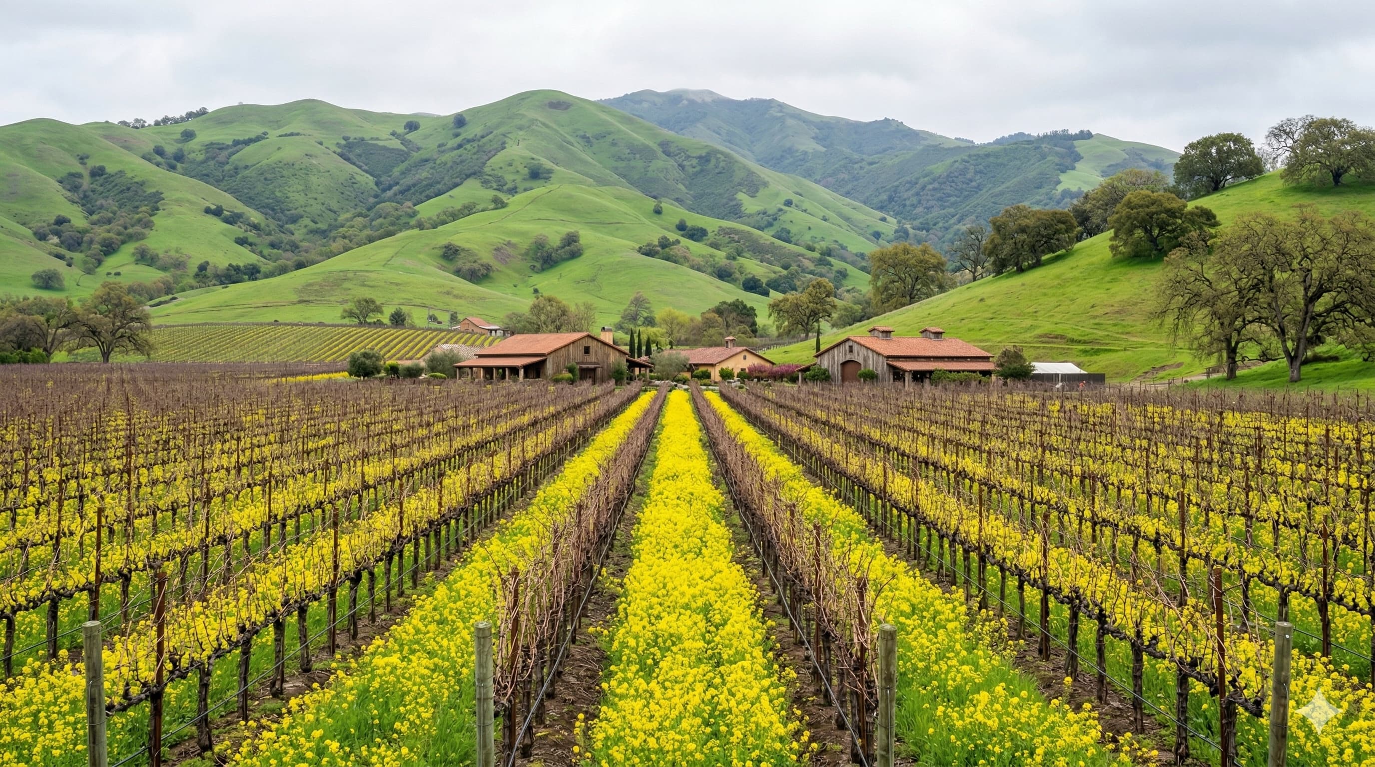 Napa Valley vineyards with mustard flowers in spring